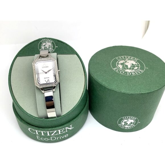 Citizen Women's Watch EM0980-50A Eco-Drive Crystal Accent Silver Dial Rectangle - Picture 3 of 14